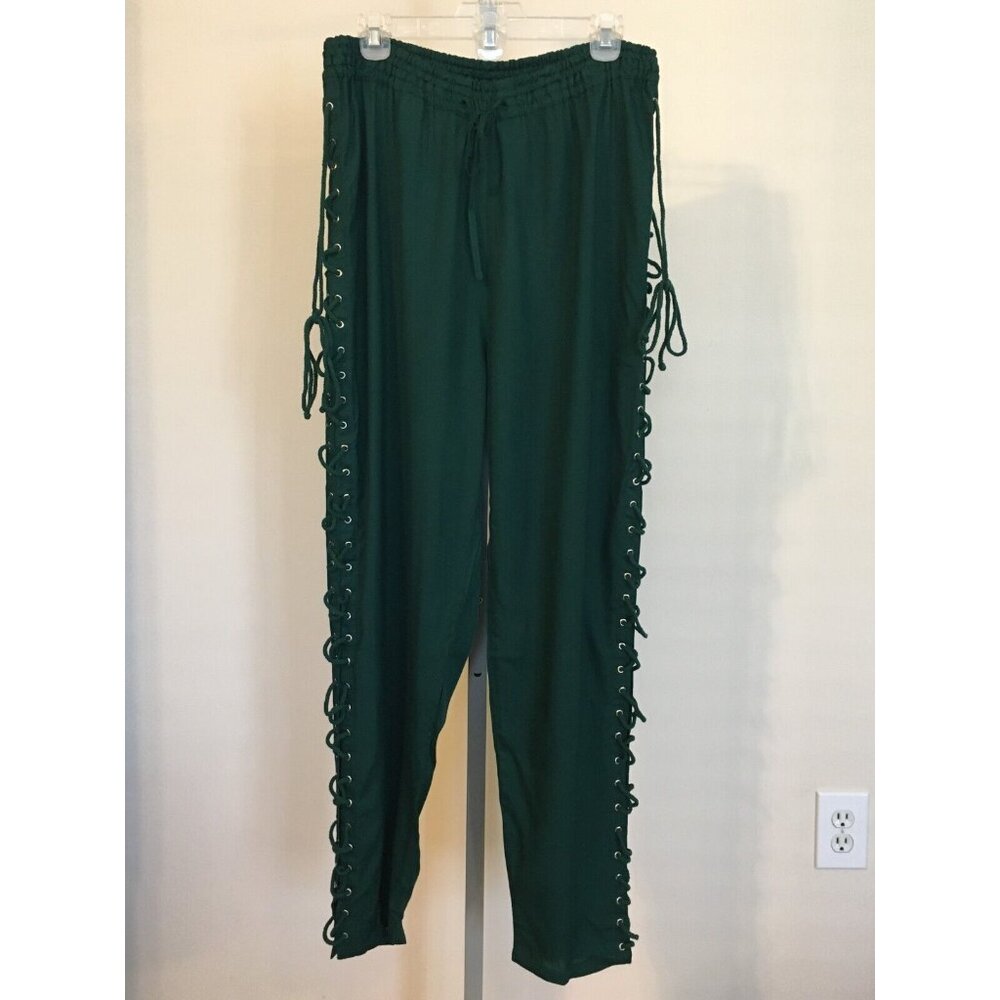 The Pirate Dressing Halloween Costume Pants Dark Green Lace Tie Sides Mens Large - Picture 6 of 11